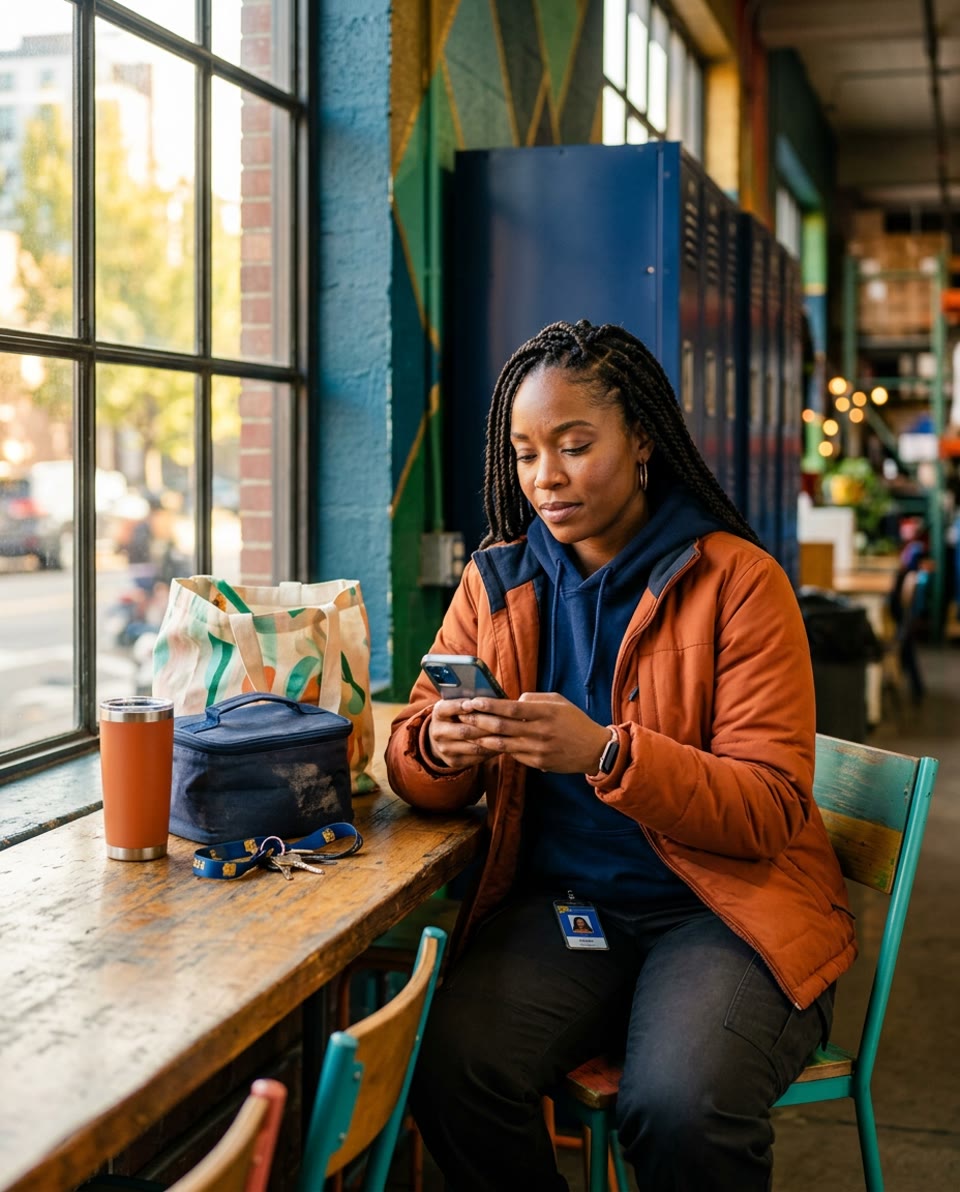 Frontline employee checking her phone on a break