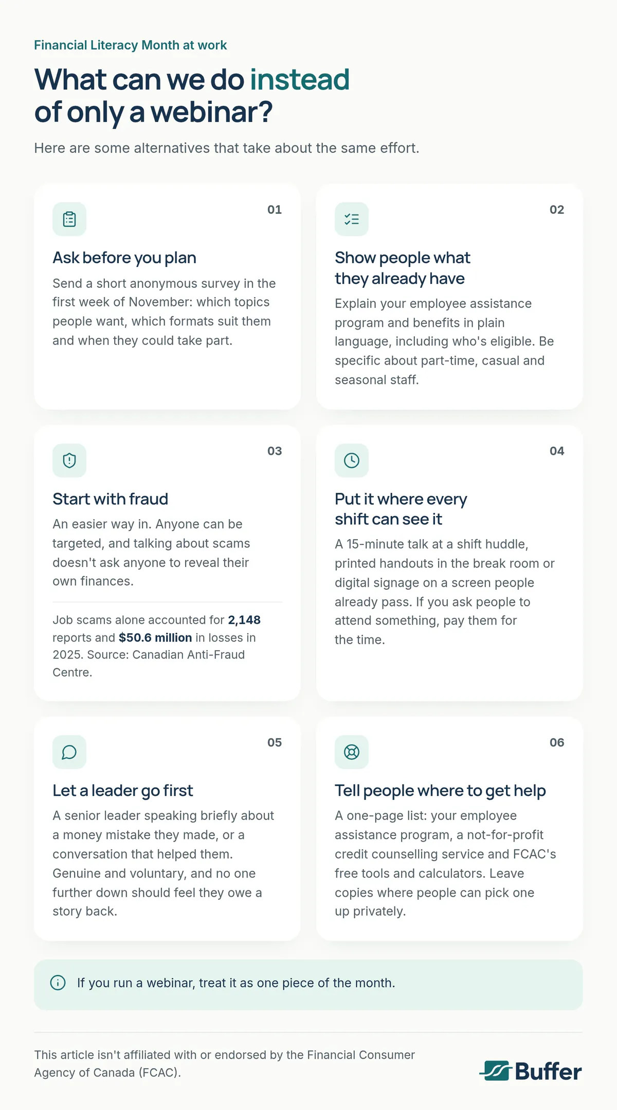 Infographic of six alternatives to a stand-alone webinar for Financial Literacy Month: ask before you plan, show people what they already have, start with fraud, put it where every shift can see it, let a leader go first, and tell people where to get help. A closing note says that if you run a webinar, treat it as one piece of the month.