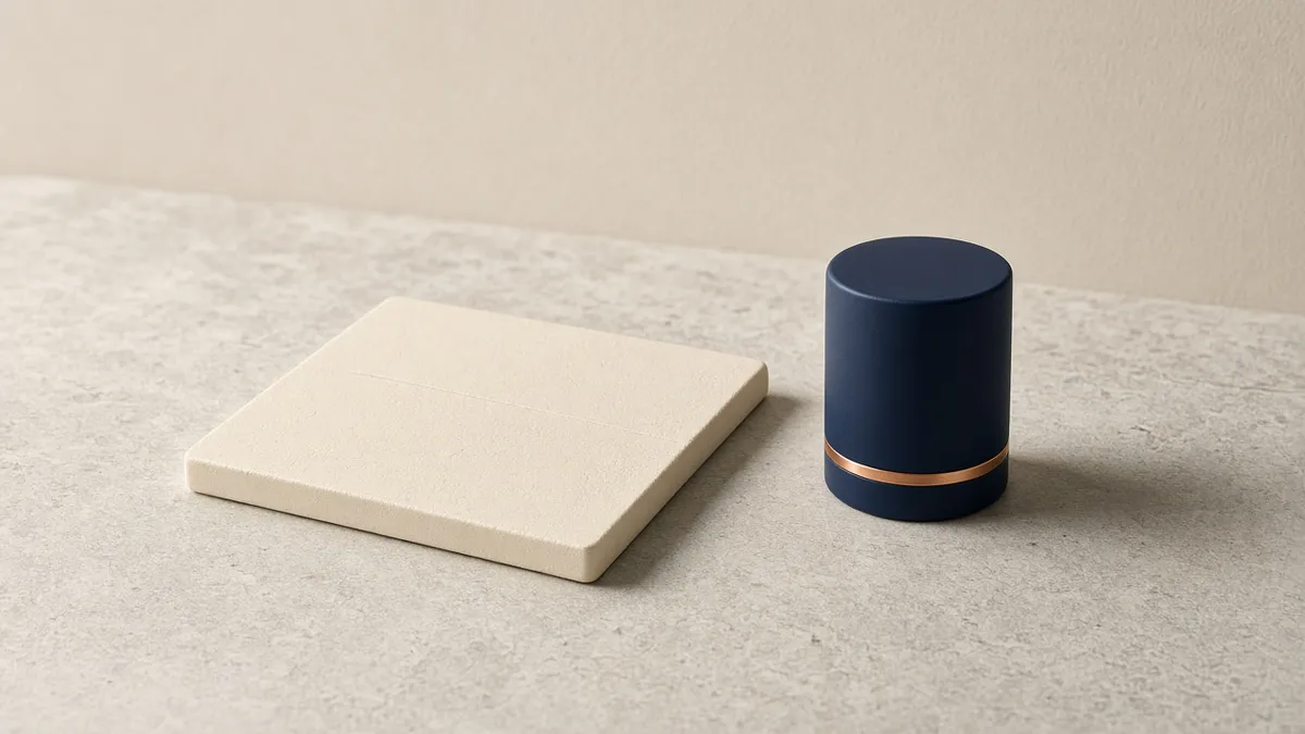 A smooth cream plaster tablet with one faint shallow line across it, beside a navy cylinder with a thin copper band, on a pale stone surface in soft light.