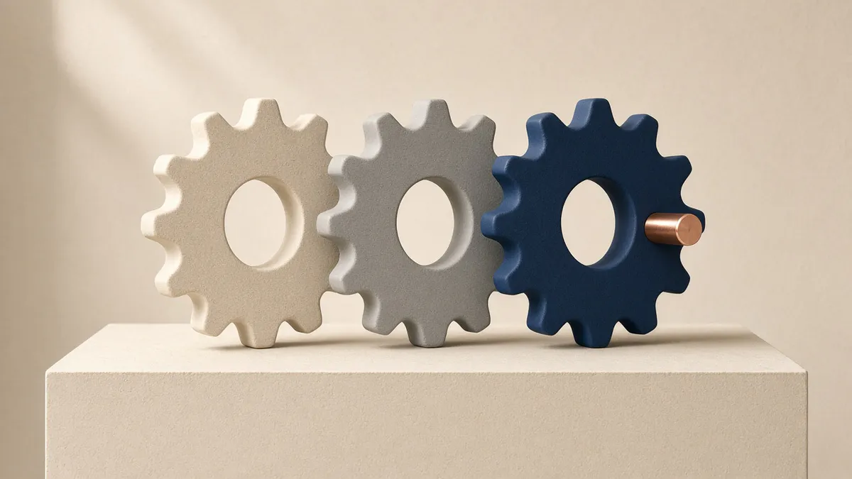 Three interlocking stone gears standing in a row on a cream plinth, one cream, one grey and one deep navy with a short copper axle, in soft daylight.