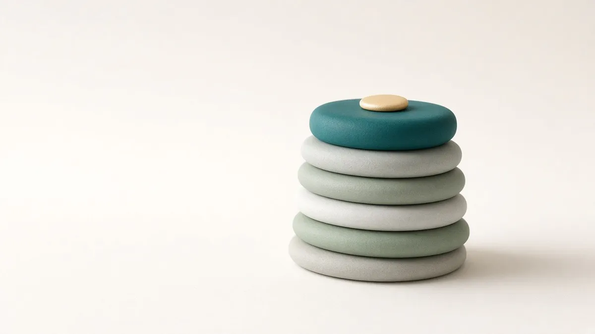 A vertical stack of six smooth round stone discs in grey and soft green, topped by a teal disc with a small flat gold chip, on a warm white surface with soft daylight and empty space to the left.