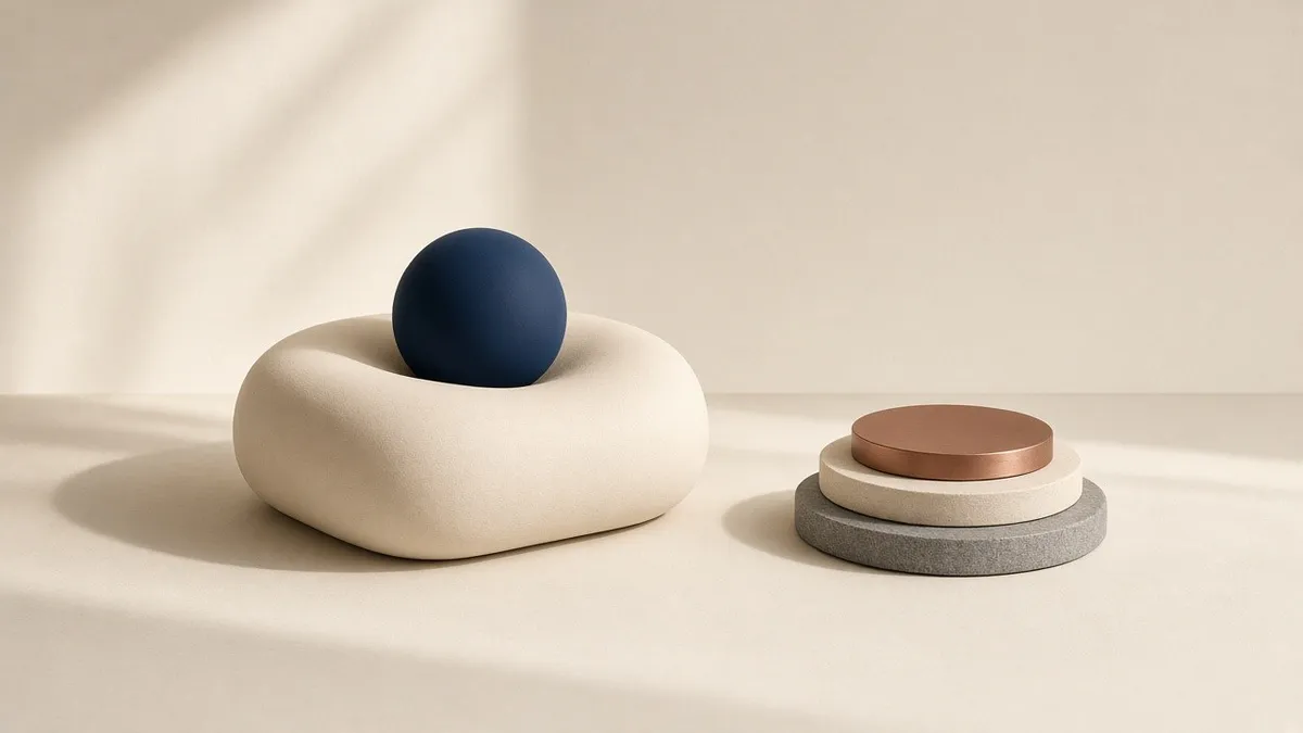 A soft cream plaster cushion with a navy sphere resting in its hollow, beside a short stack of three round discs in grey stone, cream and copper, on a cream surface in soft daylight.