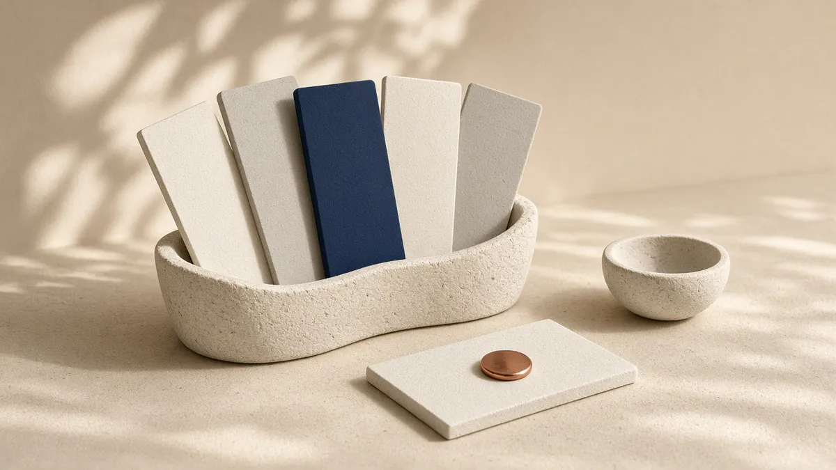 Cream stone sculptures in soft daylight: a curved stone holder with five upright plaster cards, one in deep navy, and a sixth card lying in front with a small copper disc on it, beside a small stone bowl.