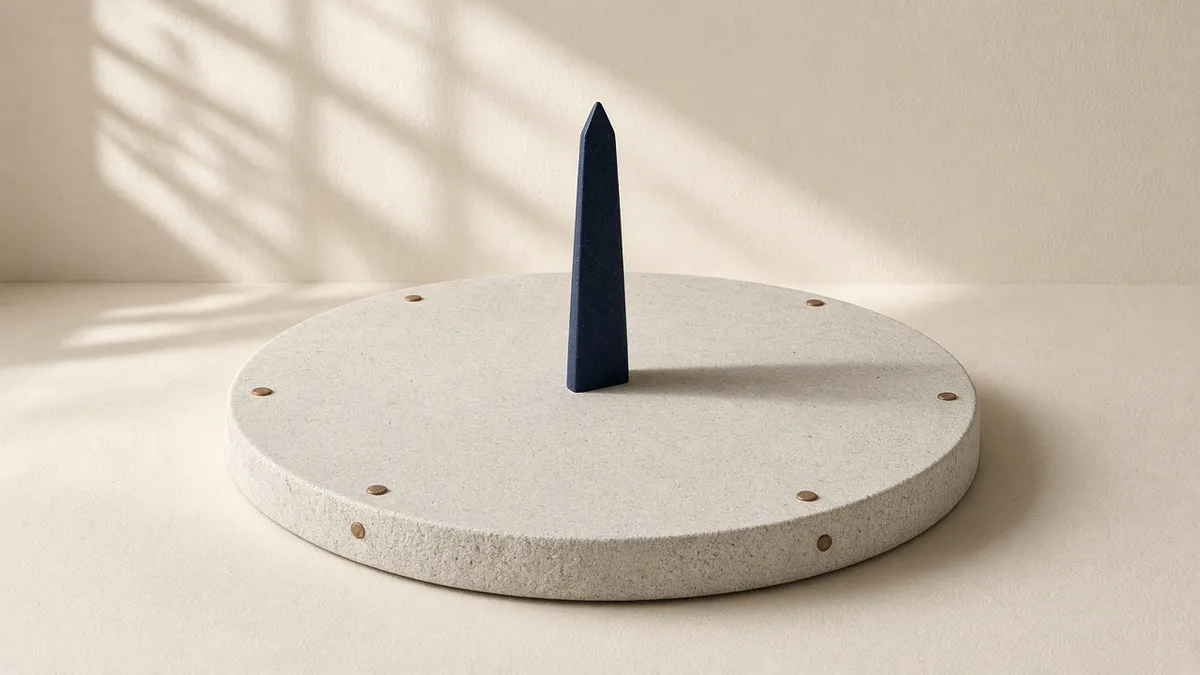 A pale limestone sundial disc on a cream surface, with a slim navy obelisk at its centre and small copper studs spaced unevenly around the rim, lit by soft window light.