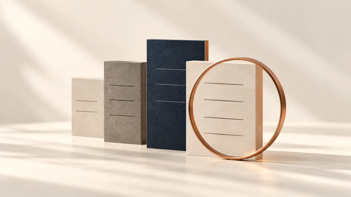 Four stone blocks of rising height in cream, grey and navy, etched with lines like pages, with a copper ring in front