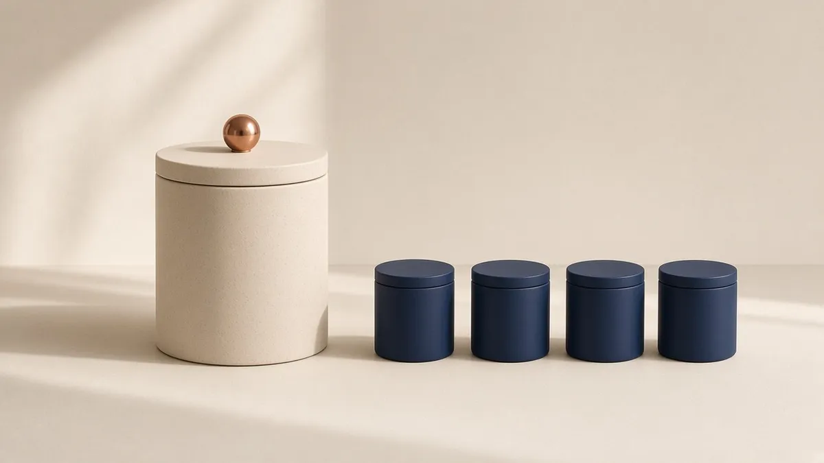 A large closed cream stone jar with a small copper knob on its lid beside a row of four small matching deep navy ceramic jars, in soft daylight.