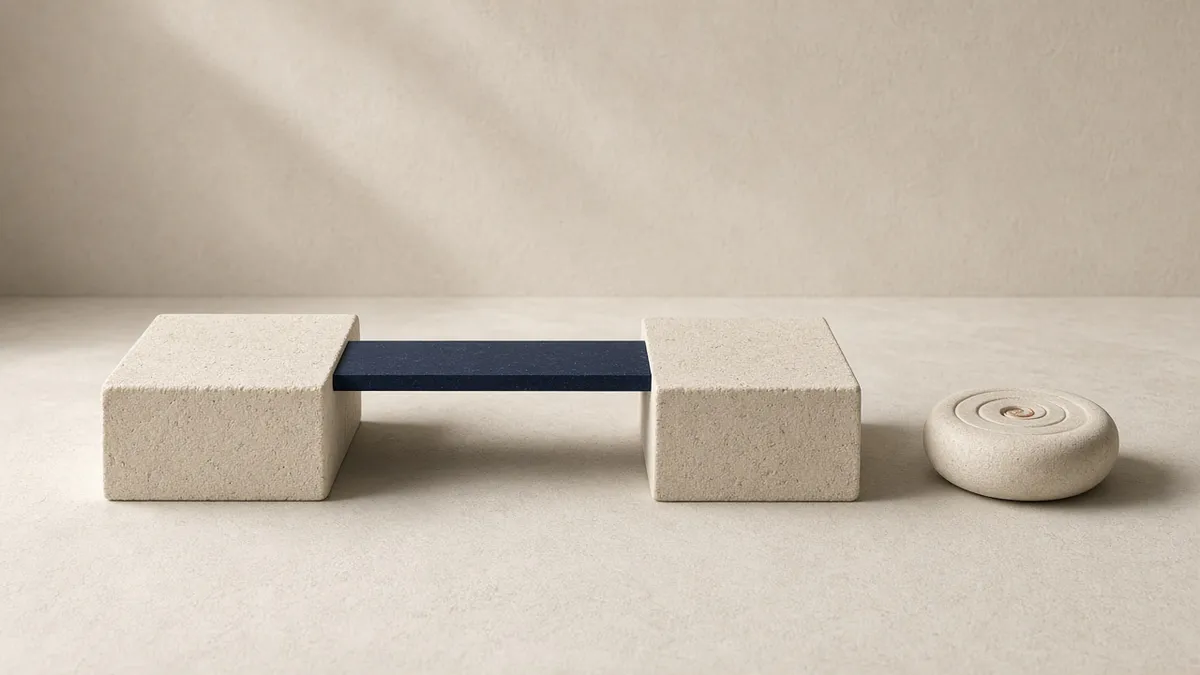 Two cream stone blocks joined by a thin navy plank bridging the gap between them, beside a small round stone carved with a spiral groove, on a cream surface in soft light.