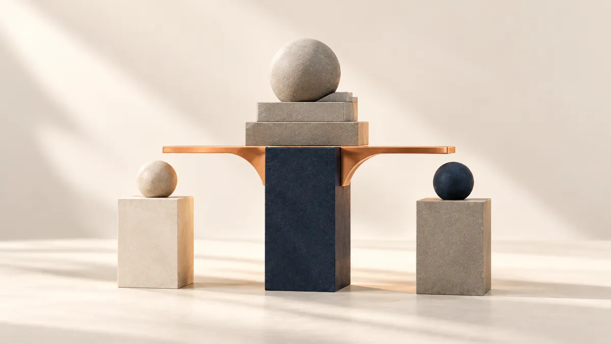 Navy stone pillar holding a copper beam with stacked stone slabs and a sphere, between two smaller plinths with spheres
